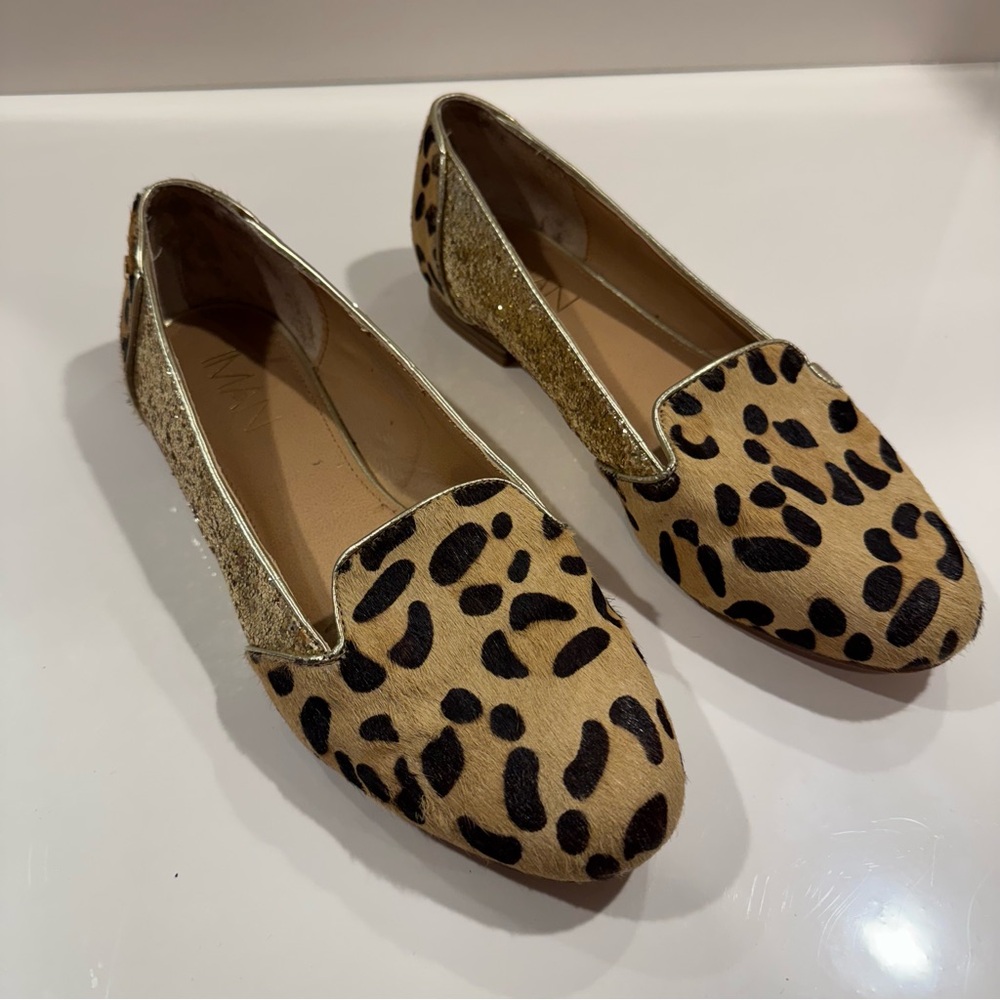 IMAN Leopard Cow Hair and Glitter Gold Leather Loafers